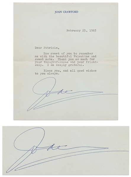 Joan Crawford Typed Letter Signed -- ''...Thank you so much for your thoughtfulness and your friendship. I am deeply grateful. Bless you...''