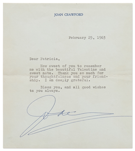 Joan Crawford Typed Letter Signed -- ''...Thank you so much for your thoughtfulness and your friendship. I am deeply grateful. Bless you...''