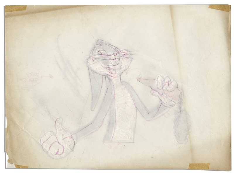 Bugs Bunny Animation Cel -- A Rare Work in Progress, With Pencil Sketch of Bugs Underneath the Cel -- Owned by Ray Bradbury