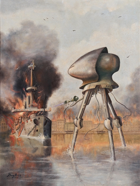 Ray Bradbury Personally Owned Oil Painting by Raymond Bayless -- The Famous Martian Tripod vs. HMS Thunder Child Battle Scene From H.G. Wells' ''War of the Worlds''