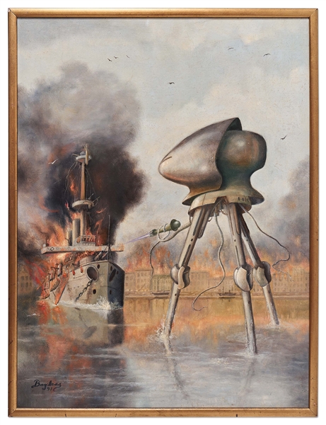 Ray Bradbury Personally Owned Oil Painting by Raymond Bayless -- The Famous Martian Tripod vs. HMS Thunder Child Battle Scene From H.G. Wells' ''War of the Worlds''