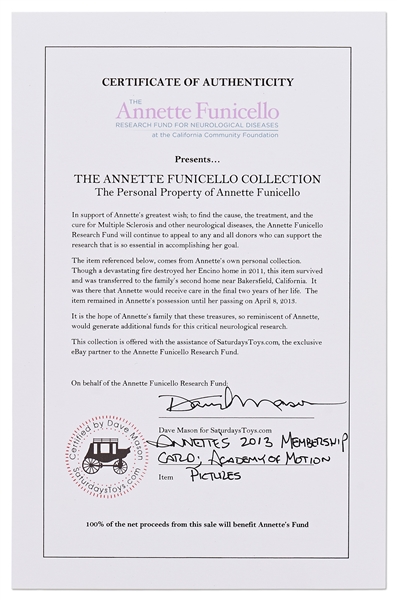 Annette Funicello 2013 Academy Award Membership Card