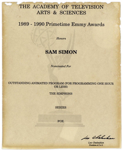 Emmy Nomination for The Simpsons Given to Sam Simon in 1990 -- From the Sam Simon Estate