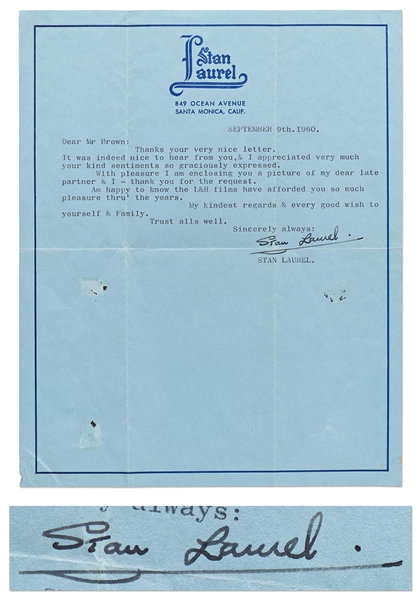 Stan Laurel Letter Signed -- ''...Am happy to know the L&H films have afforded you so much pleasure thru' the years...''