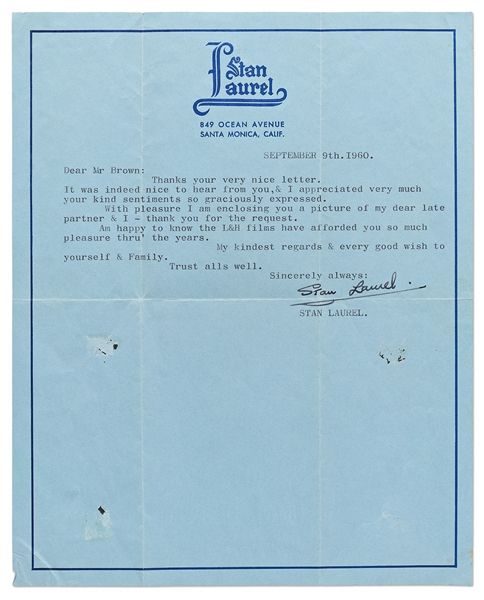 Stan Laurel Letter Signed -- ''...Am happy to know the L&H films have afforded you so much pleasure thru' the years...''