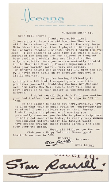 Stan Laurel Letter Signed Regarding the 1961 Bel Air Fire: ''...got some rain today...unfortunately too late, it would have helped prevent these recent fires & the loss over 465 homes...''