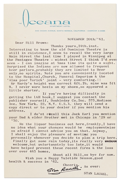 Stan Laurel Letter Signed Regarding the 1961 Bel Air Fire: ''...got some rain today...unfortunately too late, it would have helped prevent these recent fires & the loss over 465 homes...''