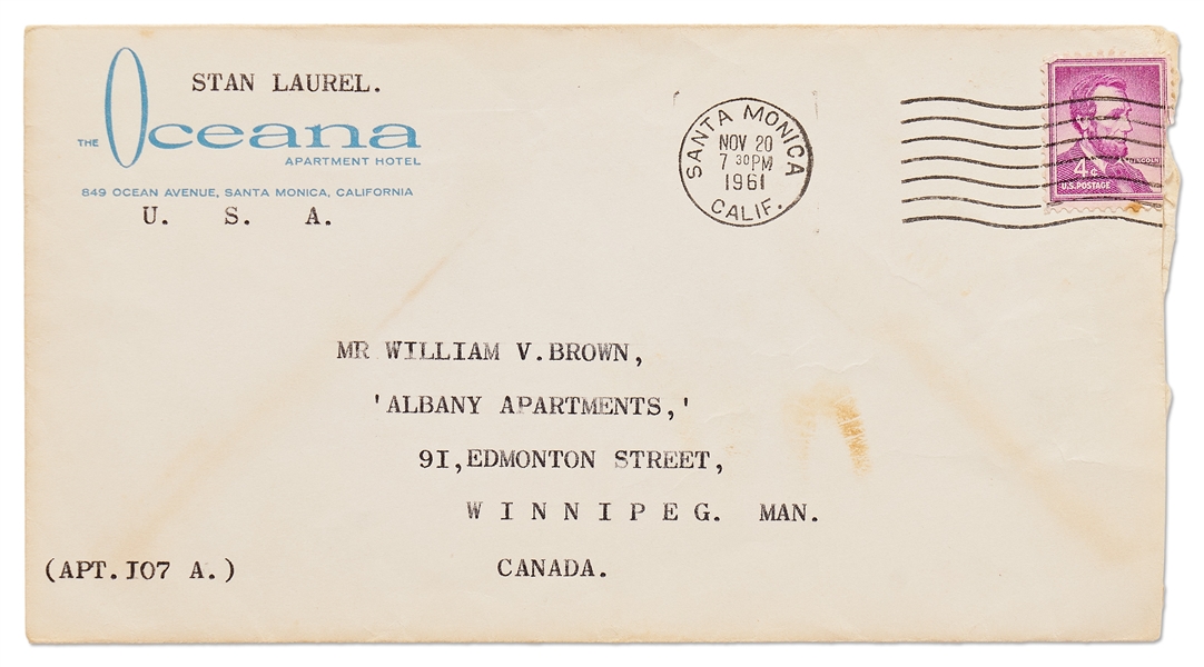 Stan Laurel Letter Signed Regarding the 1961 Bel Air Fire: ''...got some rain today...unfortunately too late, it would have helped prevent these recent fires & the loss over 465 homes...''