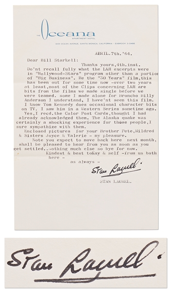 Stan Laurel Letter Signed With His Full Name ''Stan Laurel'' -- Mentioning Laurel & Hardy Film Excerpts in ''Hollywood Stars'' and '' 30 Years of Fun''