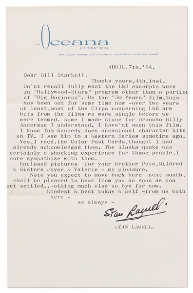 Stan Laurel Letter Signed With His Full Name ''Stan Laurel'' -- Mentioning Laurel & Hardy Film Excerpts in ''Hollywood Stars'' and '' 30 Years of Fun''