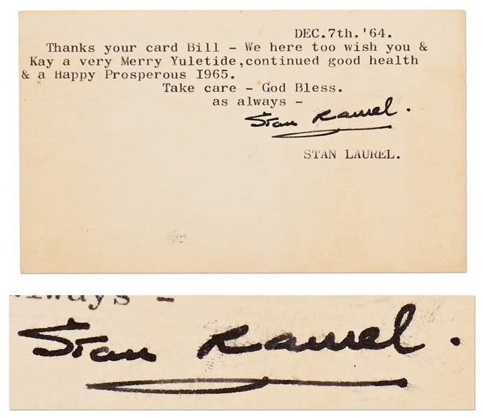 Stan Laurel Postcard Signed With His Full Name, ''Stan Laurel'' -- ''...a Happy Prosperous I965...''