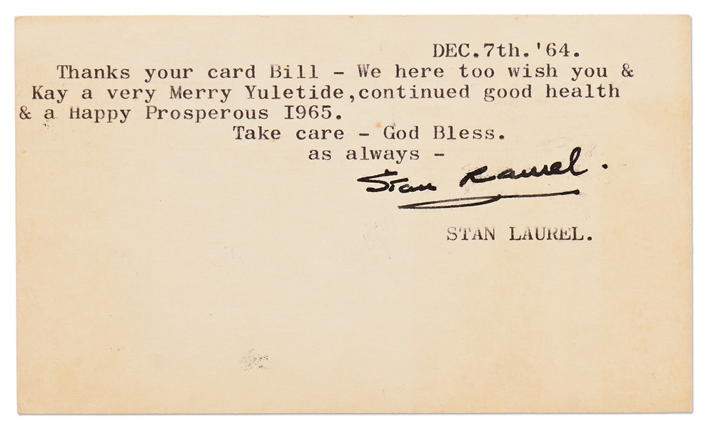 Stan Laurel Postcard Signed With His Full Name, ''Stan Laurel'' -- ''...a Happy Prosperous I965...''