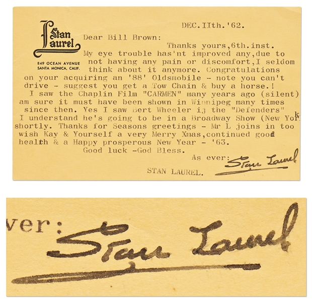 Stan Laurel Letter Signed With His Full Name, ''Stan Laurel'' -- ''...I saw the Chaplin Film 'CARMEN' many years ago (silent)...''