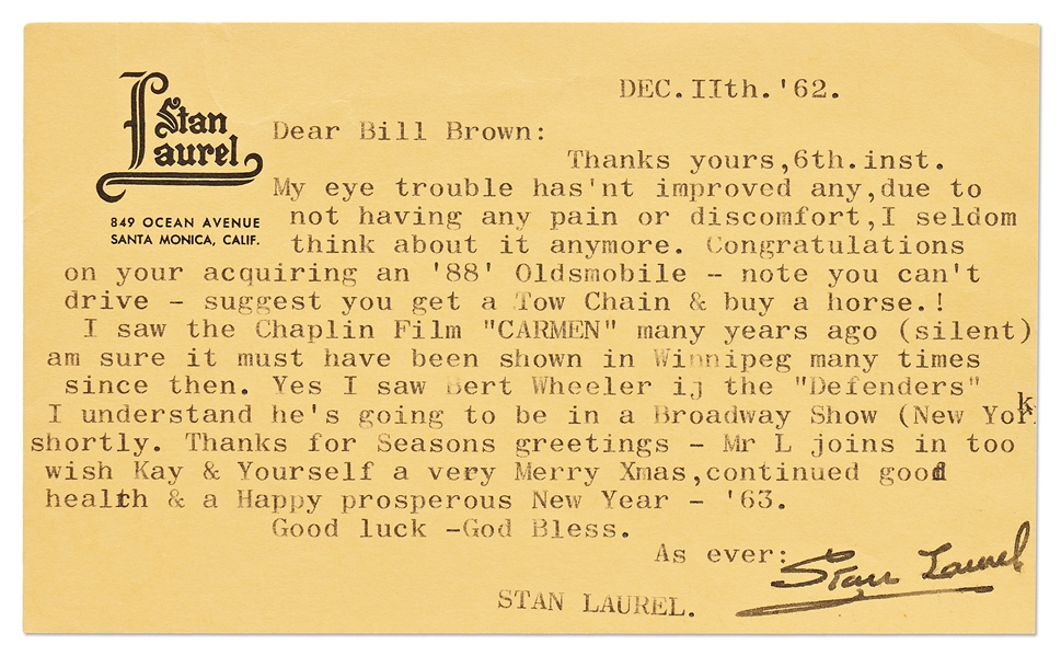 Stan Laurel Letter Signed With His Full Name, ''Stan Laurel'' -- ''...I saw the Chaplin Film 'CARMEN' many years ago (silent)...''