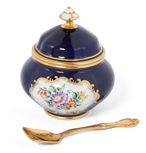 Margaret Thatcher Personally Owned China -- Sugar Bowl in a Navy Blue Floral Pattern, With Matching Gold-Colored Spoon