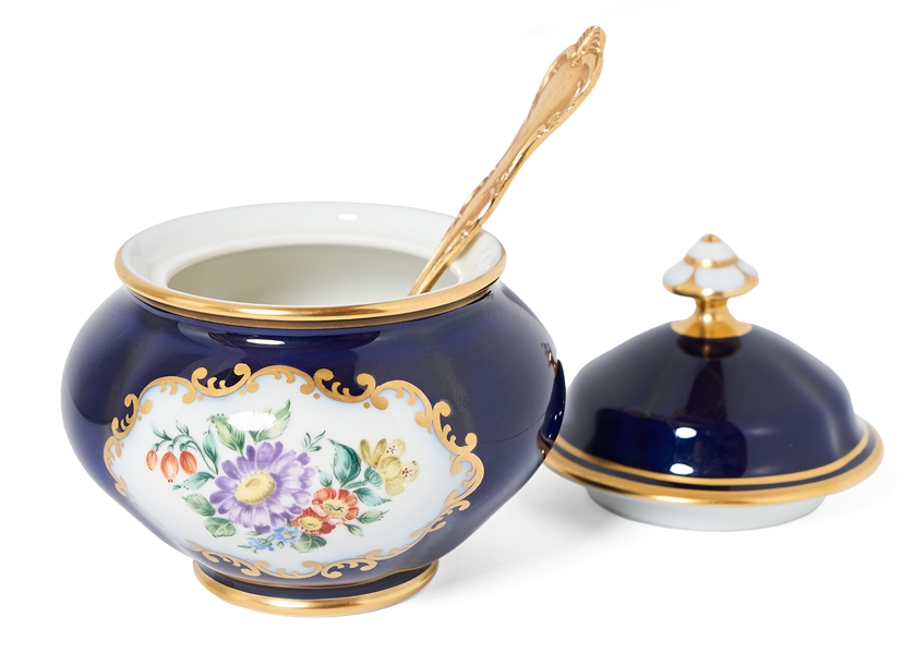 Margaret Thatcher Personally Owned China -- Sugar Bowl in a Navy Blue Floral Pattern, With Matching Gold-Colored Spoon