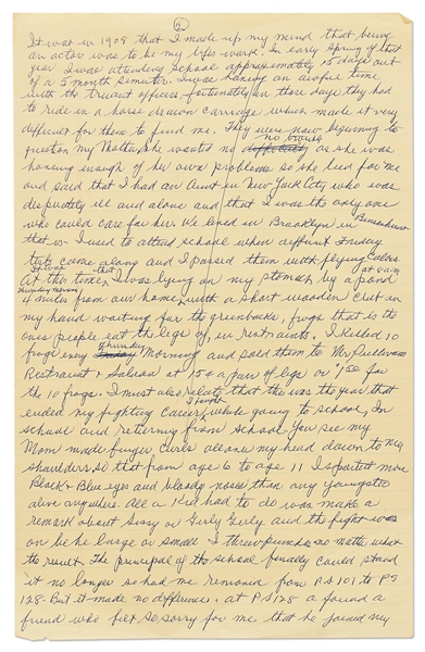 Moe Howard's Handwritten Manuscript Page When Writing His Autobiography -- Moe Tells of His Early Years Skipping School, Wanting to Be an Actor, Getting Into Fights & Hunting Frogs