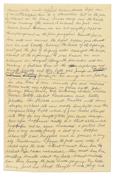 Moe Howard's Handwritten Manuscript Page When Writing His Autobiography -- Moe Describes His First Film Role as a Bully in ''We Must Do Our Best'' & Then Being Typecast as an ''urchin and ragamuffin''