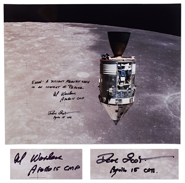 Al Worden & Dave Scott Signed 20'' x 16'' Photo of the Apollo 15 Command Module Against the Moon -- Worden Additionally Writes ''EARTH: A distant memory seen in an instant of repose''