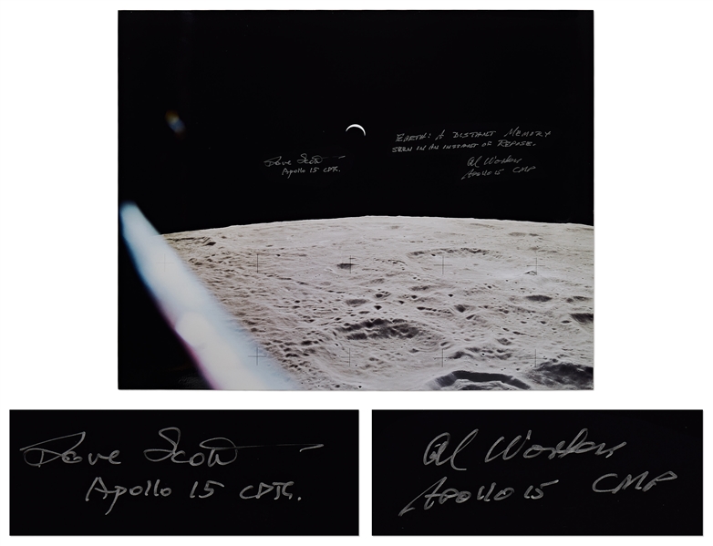 Al Worden & Dave Scott Signed 20'' x 16'' Photo of the Earth From a Lunar Vantage Point -- Worden Additionally Writes ''EARTH: A distant memory seen in an instant of repose''