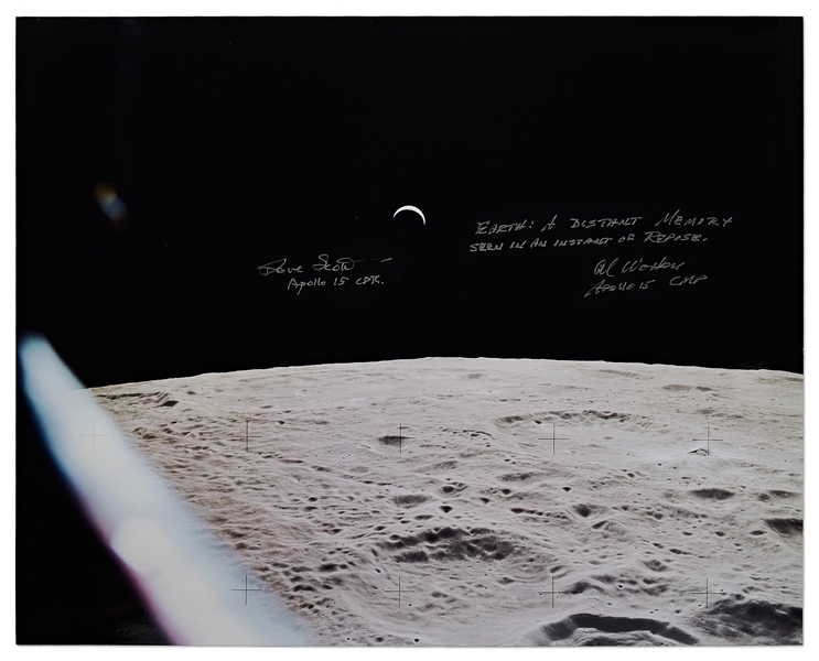 Al Worden & Dave Scott Signed 20'' x 16'' Photo of the Earth From a Lunar Vantage Point -- Worden Additionally Writes ''EARTH: A distant memory seen in an instant of repose''