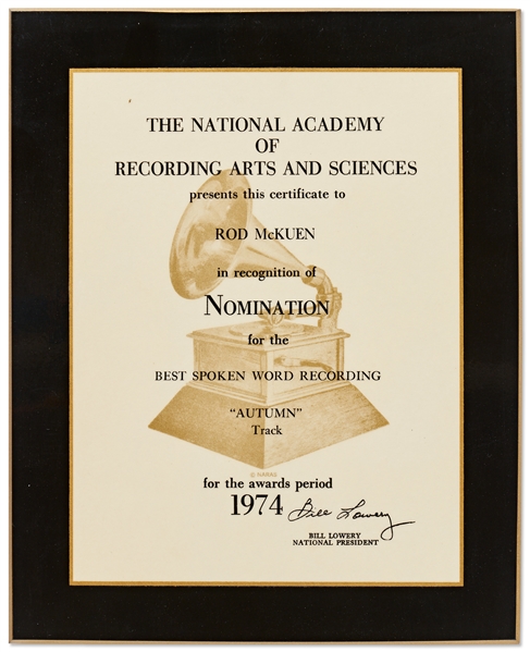 Grammy Nomination for Best Spoken Word Recording, Awarded to Poet Rod McKuen in 1974 for ''Autumn''