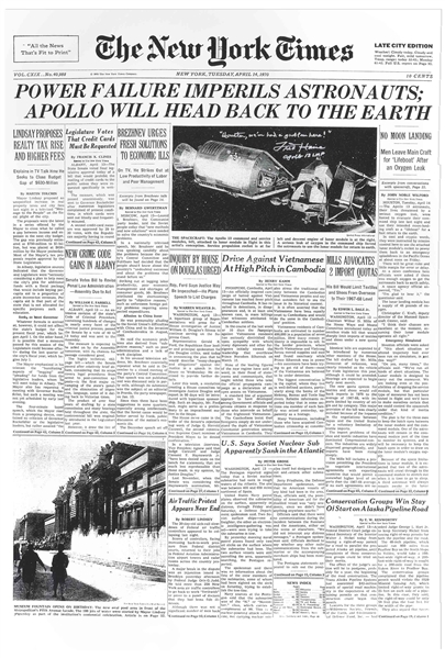 Fred Haise Signed ''New York Times'' Poster From 14 April 1970, With Dramatic Reporting on the Apollo 13 Disaster -- Haise Also Writes, '''Houston, we've had a problem here!'''