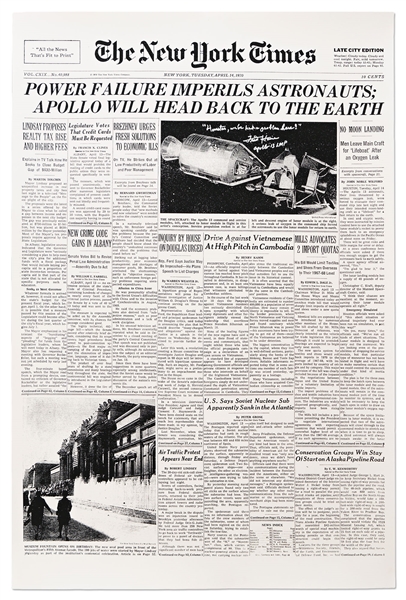 Fred Haise Signed ''New York Times'' Poster From 14 April 1970, With Dramatic Reporting on the Apollo 13 Disaster -- Haise Also Writes, '''Houston, we've had a problem here!'''