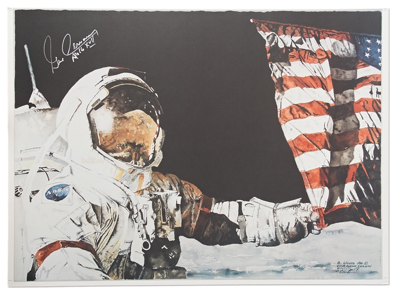 Gene Cernan Signed Moon Landing Artwork -- Cernan Was the Last Man to Walk on the Moon