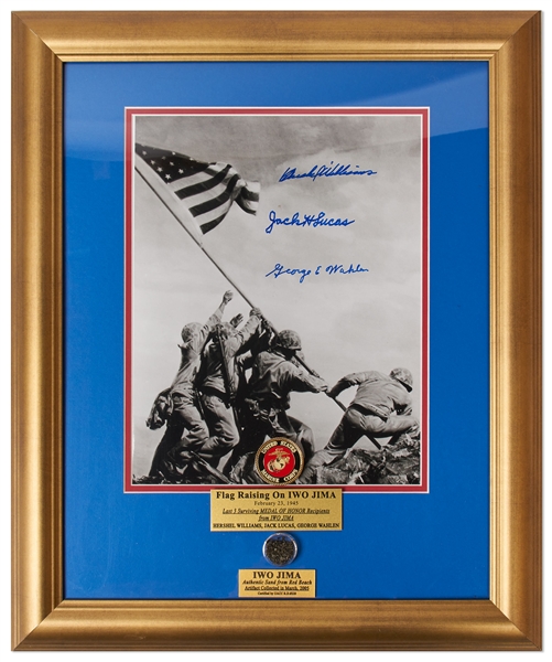 Iwo Jima 11'' x 14'' Photo Signed by Three Medal of Honor Recipients of the Battle -- With Black Sand from the Red Beach of Iwo Jima