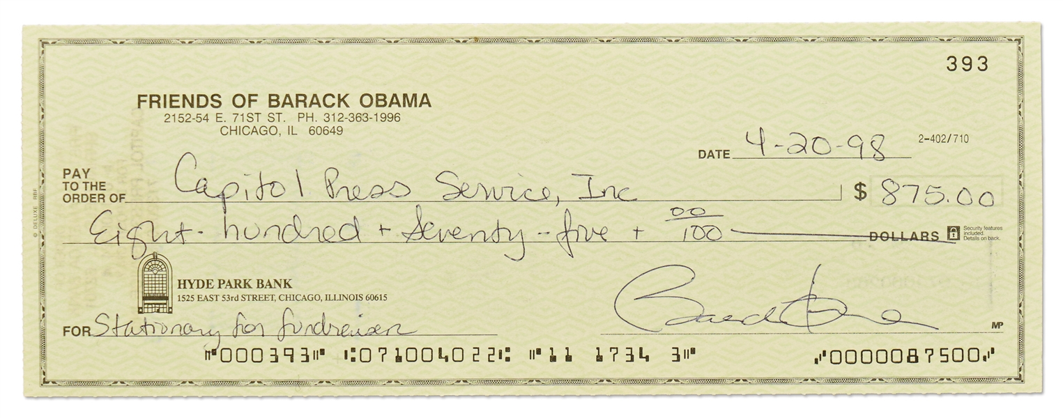 Barack Obama Check Signed from the Friends of Barack Obama Bank Account