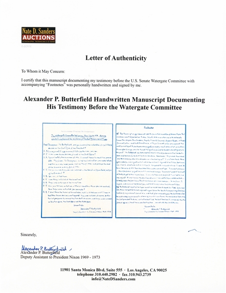 Alexander Butterfield Signed Handwritten Manuscript, Documenting His Testimony Before the Watergate Committee That Led to Nixon's Resignation -- ''...I was aware of listening devices, yes sir...''