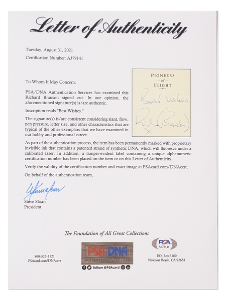 Richard Branson Signature -- With PSA/DNA COA