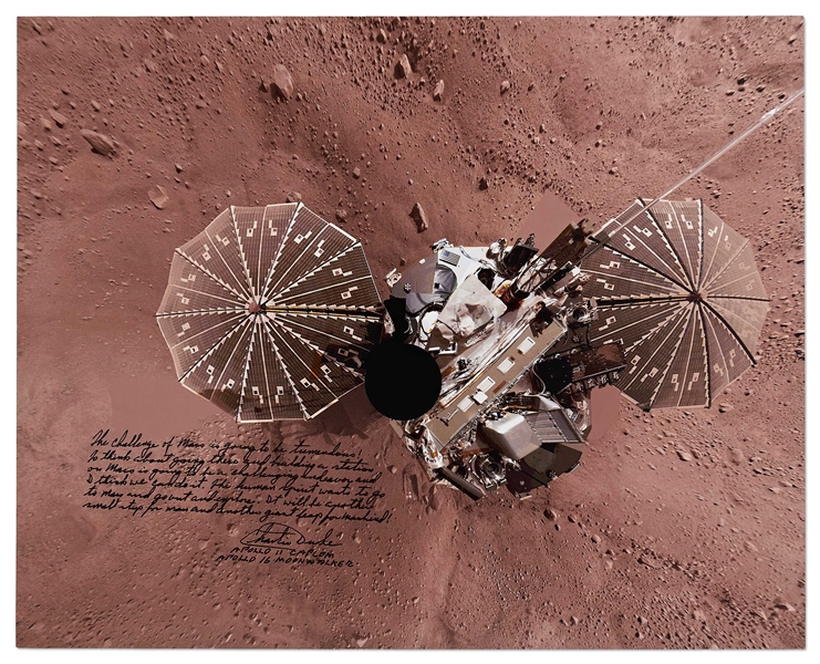 Apollo 16 Moonwalker Charlie Duke Signed 20'' x 16'' Photo of the Phoenix Lander on Mars -- ''The human spirit wants to go to Mars...another small step for man and another giant leap for mankind!''
