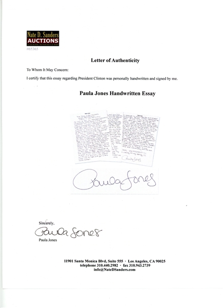 Paula Jones Handwritten, Signed Statement Regarding Bill Clinton: ''Clinton then approached the sofa and as he sat down he lowered his trousers...''