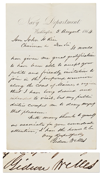 Gideon Welles 1864 Autograph Letter Signed as Secretary of the Navy During the Civil War -- Regarding Visiting Maine