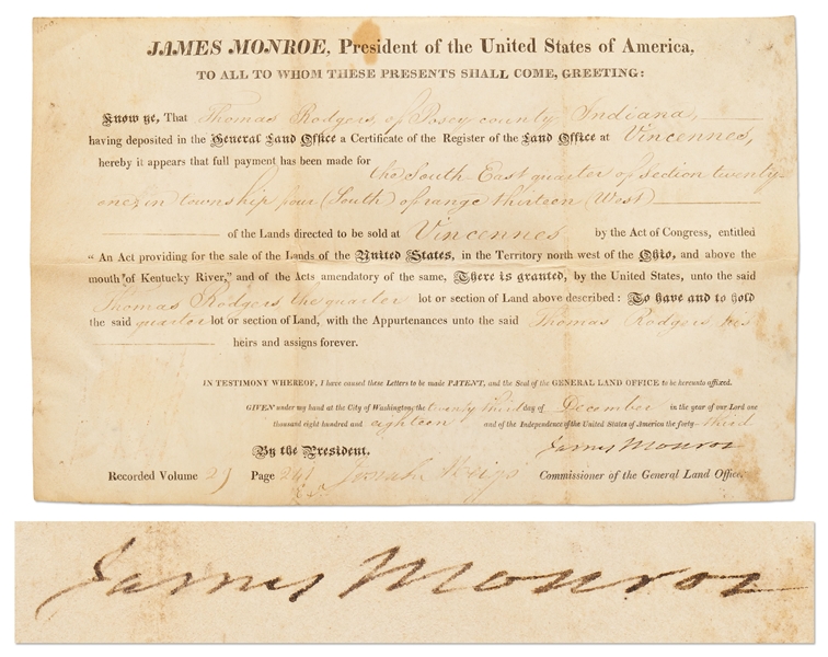 James Monroe Signed Land Grant as President