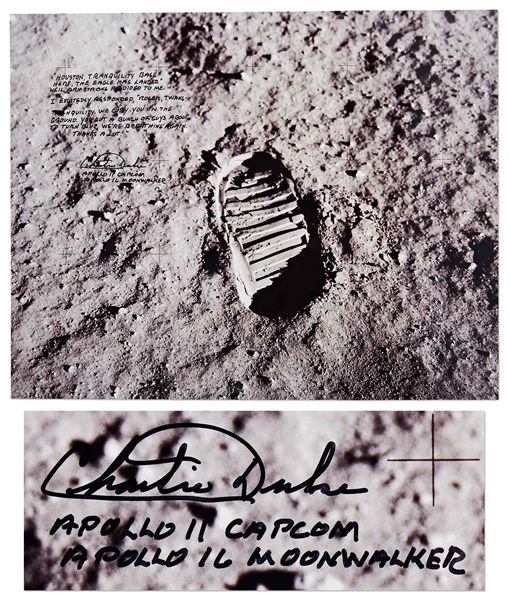 Charlie Duke Signed 20'' x 16'' Photo of the Famous Apollo 11 ''Footprint'' -- Duke Served as Apollo 11 CAPCOM and Describes the Moment When the Eagle Touched Down on the Moon