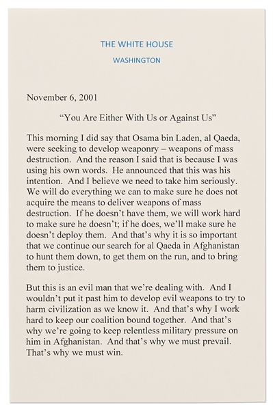 George W. Bush Signed Speech Delivered on 6 November 2001 --''...But a coalition partner must do more than just express sympathy; a coalition partner must perform...'' -- With Beckett COA