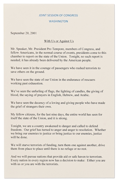 George W. Bush Signed Speech Delivered to Congress on 20 September 2001 -- Bush Calls on Nations to Choose a Side: ''Either you with us or you are with the terrorists'' -- With Beckett COA