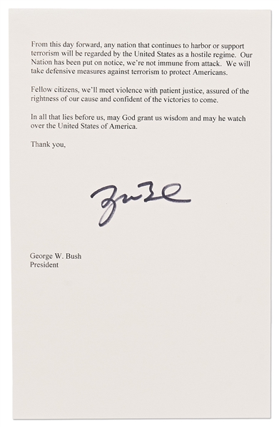 George W. Bush Signed Speech Delivered to Congress on 20 September 2001 -- Bush Calls on Nations to Choose a Side: ''Either you with us or you are with the terrorists'' -- With Beckett COA