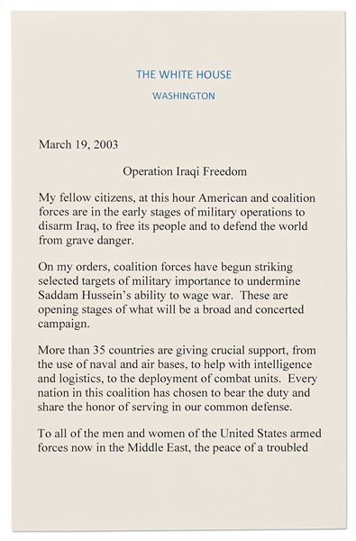 George W. Bush Signed Speech Delivered on 19 March 2003, Announcing the Commencement of Operation Iraqi Freedom -- With Beckett COA