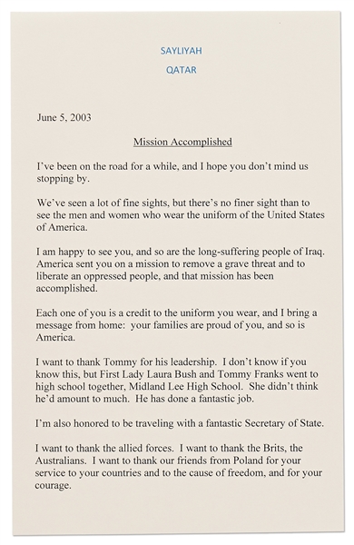 George W. Bush Signed ''Mission Accomplished'' Speech Delivered on 5 June 2003 to U.S. Soldiers Fighting in the Second Iraq War -- With Beckett COA