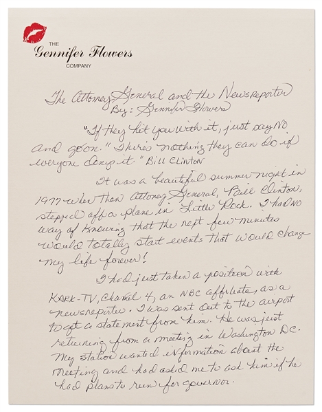 Gennifer Flowers Handwritten & Signed Essay About Meeting and Being Seduced by Bill Clinton -- ''...I felt drained. I was annoyed and excited at the same time. Was this just a game for him?...''