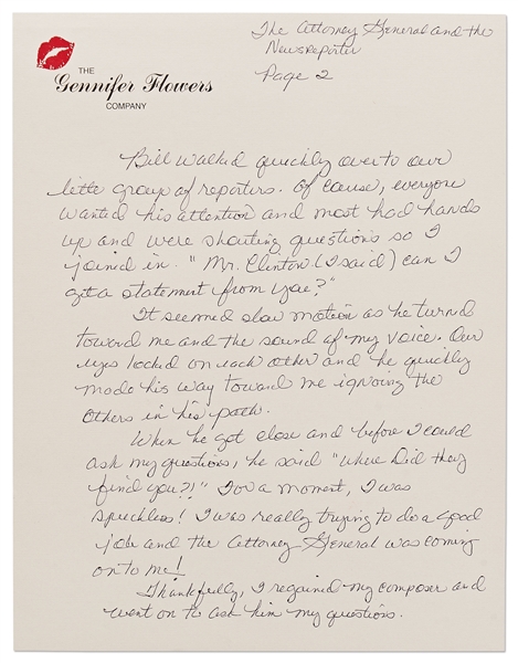 Gennifer Flowers Handwritten & Signed Essay About Meeting and Being Seduced by Bill Clinton -- ''...I felt drained. I was annoyed and excited at the same time. Was this just a game for him?...''