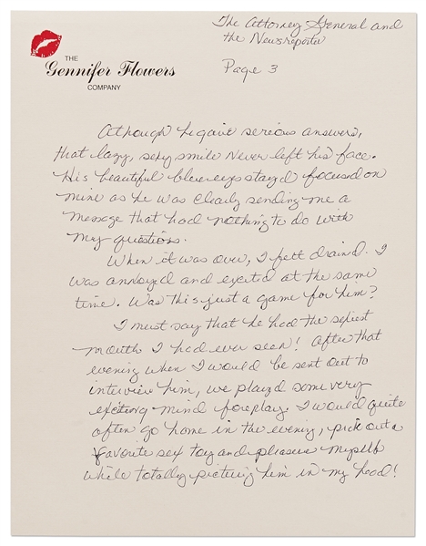 Gennifer Flowers Handwritten & Signed Essay About Meeting and Being Seduced by Bill Clinton -- ''...I felt drained. I was annoyed and excited at the same time. Was this just a game for him?...''