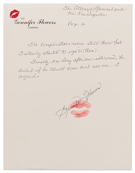 Gennifer Flowers Handwritten & Signed Essay About Meeting and Being Seduced by Bill Clinton -- ''...I felt drained. I was annoyed and excited at the same time. Was this just a game for him?...''