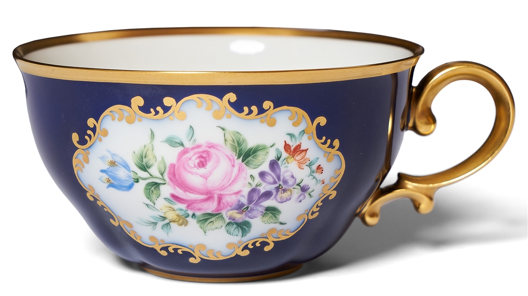 Margaret Thatcher Personally Owned China -- Tea Cup & Saucer in a Navy Blue Floral Pattern