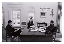 Frank Borman Signed 20 x 16 Photo of Richard Nixon in the Oval Office, With Bormans Famous Earthrise Photo Hanging on the Wall