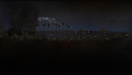 L.A. Story Screen-Used Matte Painting by Syd Dutton Showing Los Angeles at Night, With Backlighting on Reverse -- Large Painting Measures 70 x 42